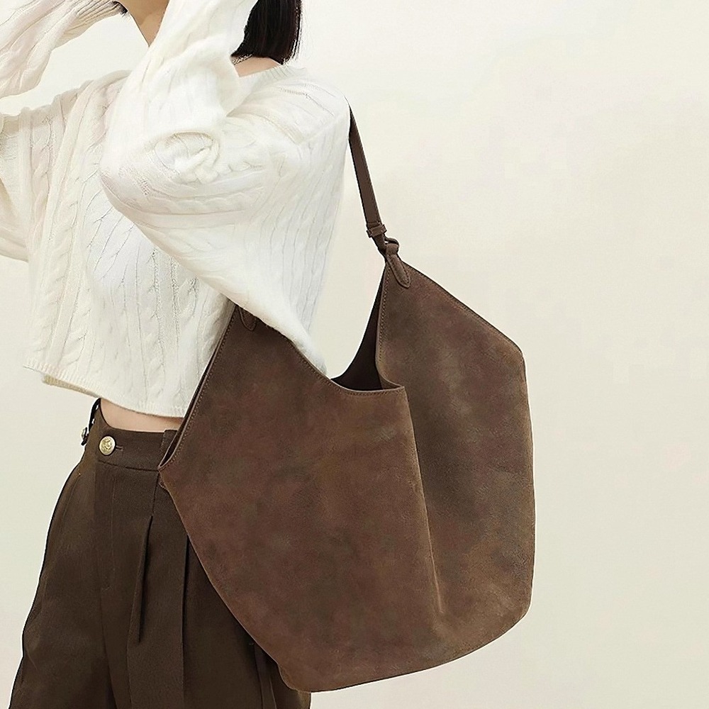 Genuine Italian Suede Sculptural Lotus-Style Bucket Bag Tobacco Brown Slouchy